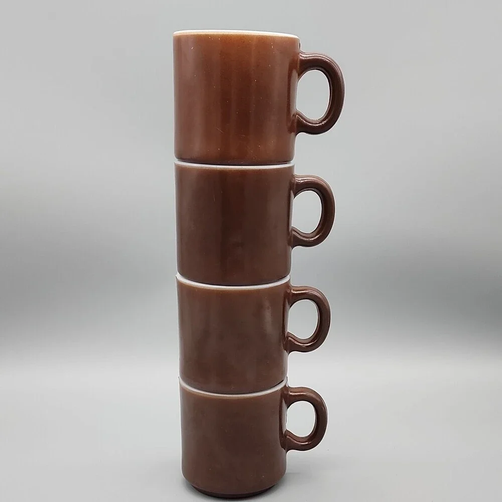 VtG 4 Hazel Atlas Glass Two-Toned Coffee Mugs Coffee Cups Brown & White D Handle
